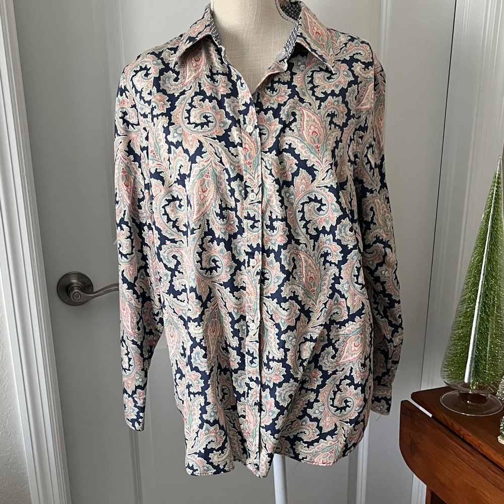Chaps Navy Paisley Women's Button Down Shirt No Iron Coordinated Cuffs SZ 1X